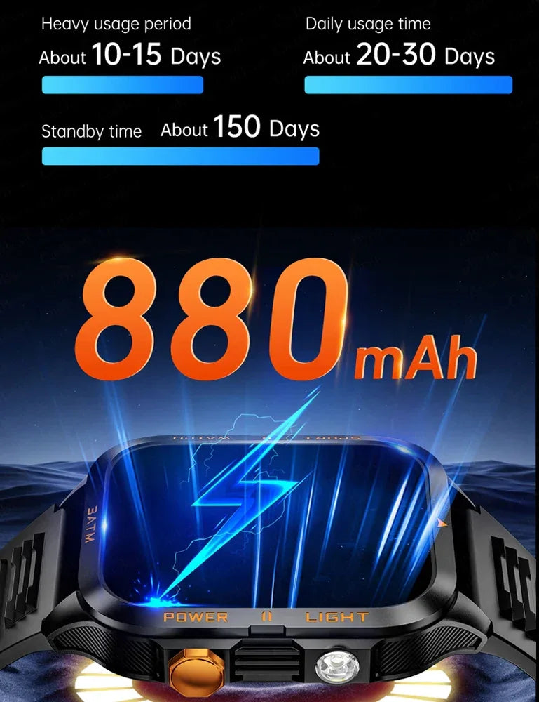 Outdoor Smartwatch Men GPS Sports 800mAh Battery Bluetooth Call Health 1.96-inch Screen Flashlight 3ATM Waterproof Smart Watch - Urbizia