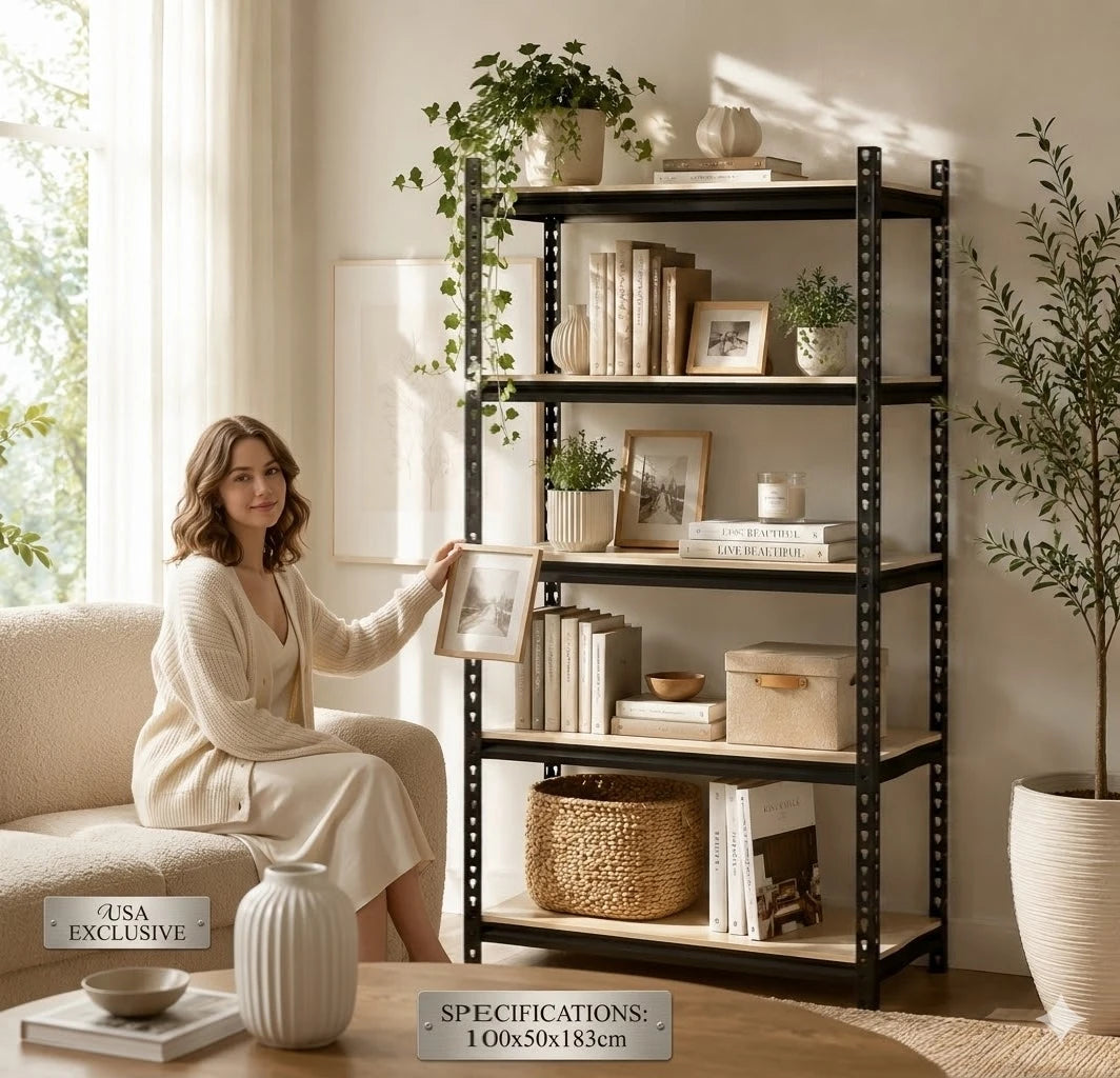 5-Tier Garage Shelving Heavy Duty Adjustable Metal Storage Rack with MDF Shelves, Utility Rack Shelf for Warehouse Pantry Closet Basement, 39.4" W x 19.7" D x 72" H, Black
