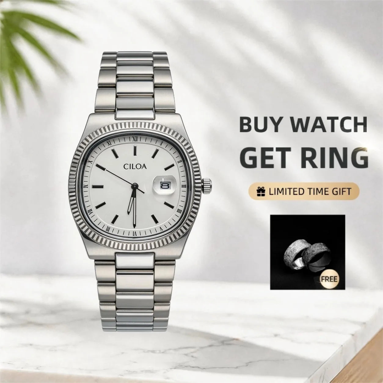 CILOA Silver Square Luxury Watch for Men, Gift, Casual, Fashionable, New Style, High Quality, Waterproof, Quartz Watch