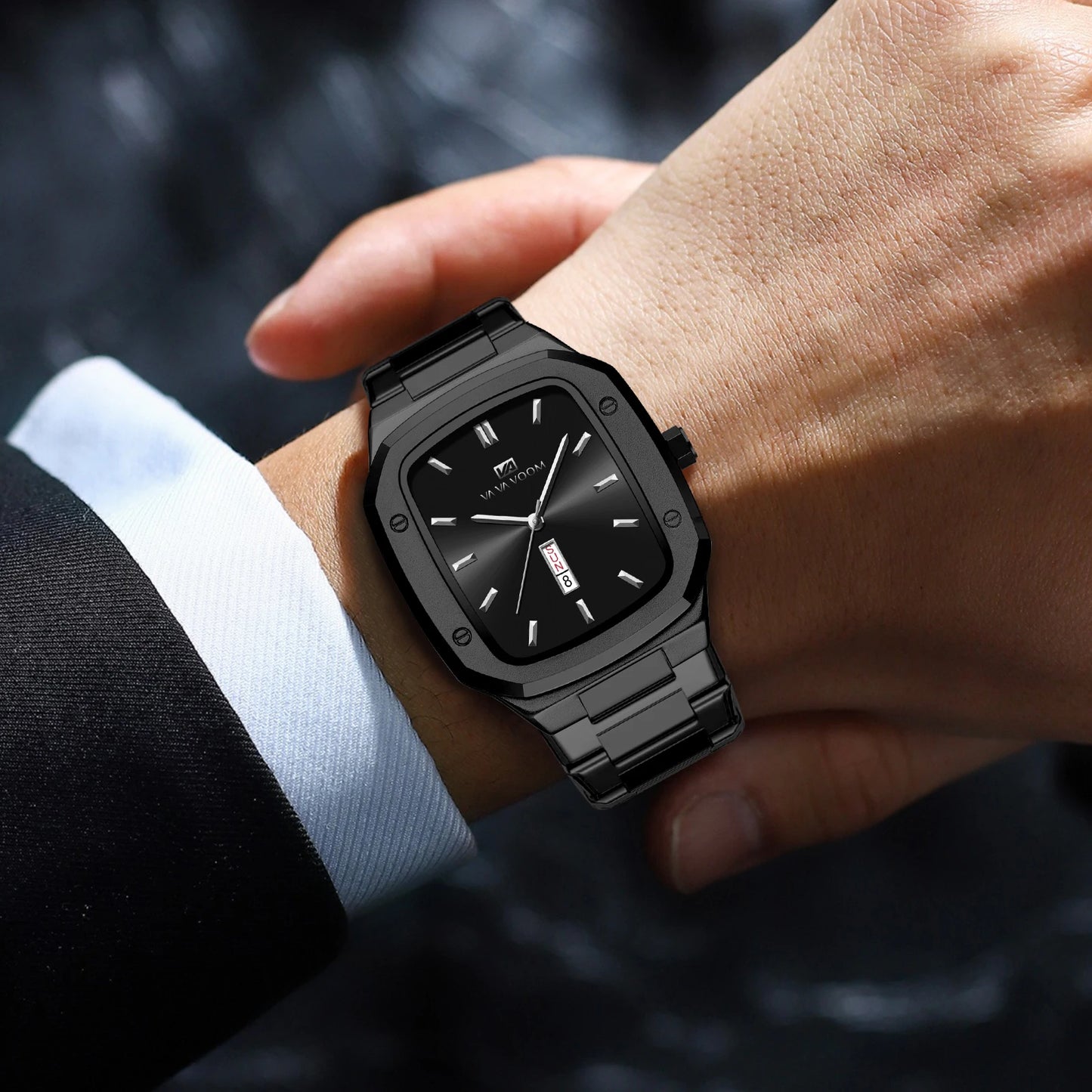 2024 New Men Watch Fashion Square Stainless Steel Strap Blue Gold 3Bar Quartz Week Calendar Simulated Business Sports WristWatch