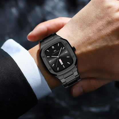 2024 New Men Watch Fashion Square Stainless Steel Strap Blue Gold 3Bar Quartz Week Calendar Simulated Business Sports WristWatch