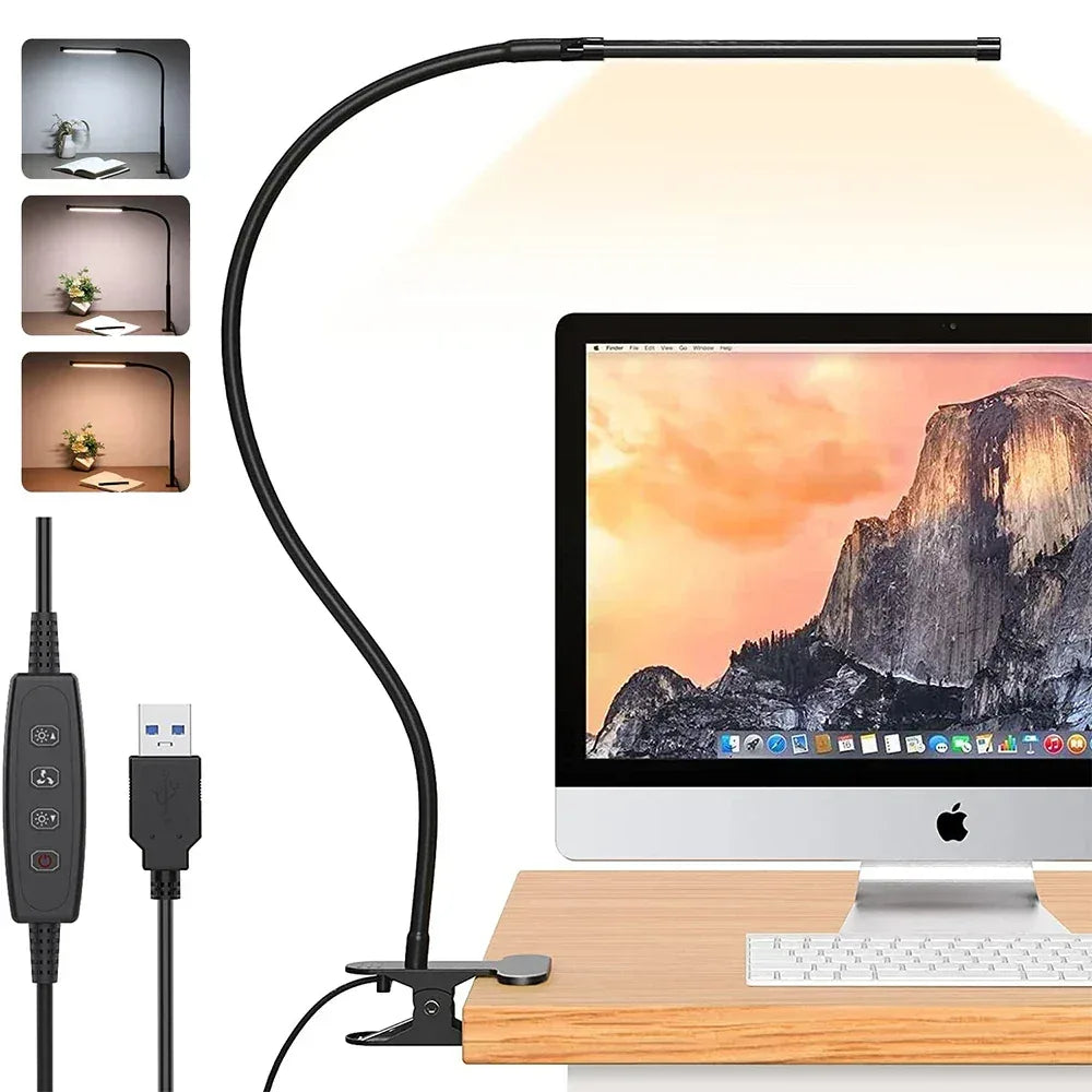 10W LED Desk Lamp with Clamp Dimmable Clip On Reading Light 10 Brightness Level 3 Lighting Modes Flexible Study Table Lamp USB - Urbizia