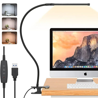 10W LED Desk Lamp with Clamp Dimmable Clip On Reading Light 10 Brightness Level 3 Lighting Modes Flexible Study Table Lamp USB - Urbizia