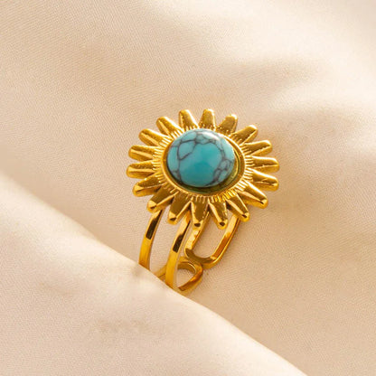 Turquoise Finger Jewelry Long Oval Sun Heart Water Drop Stainless Steel Rings For Women Men Accessories Gold Plated Open Anillos