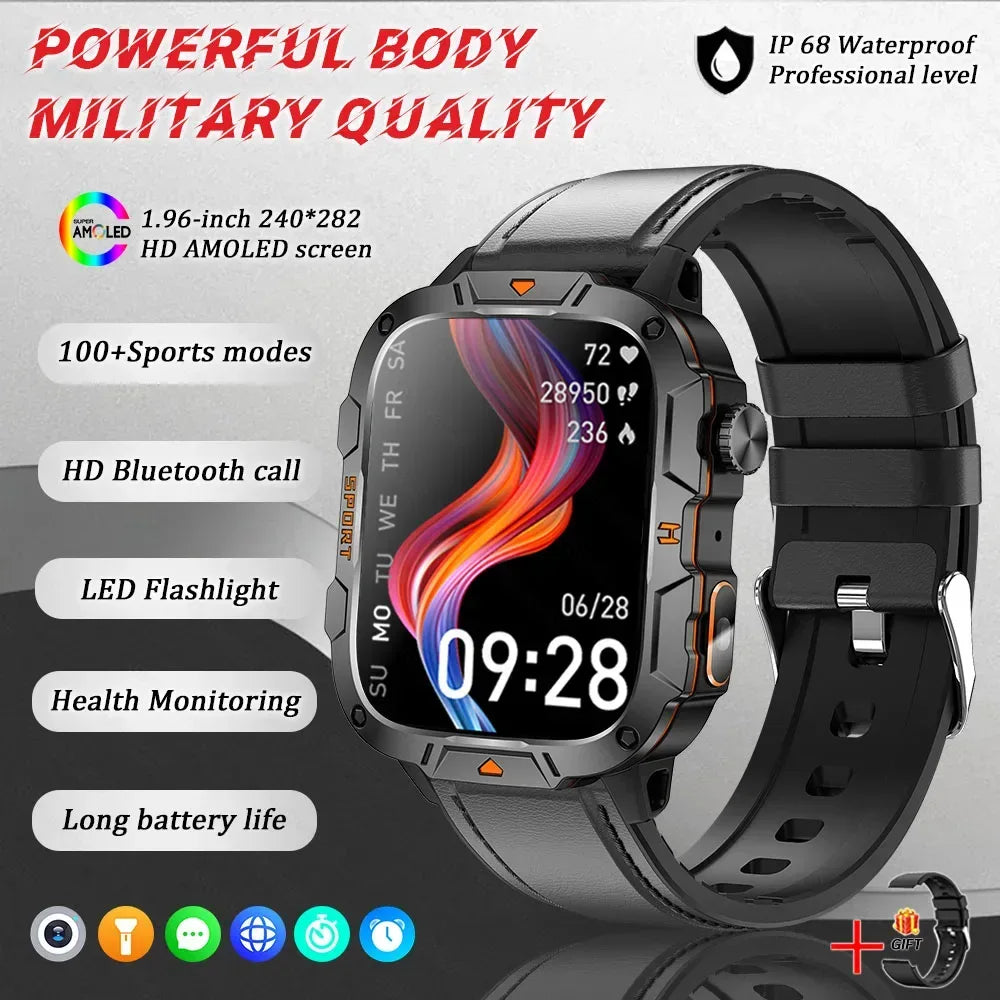 2025 New Military Grade Smart Watch Men 1.96" AMOLED Screen 5ATM Waterproof Simming Sports Fitness Tracker BT Call Smartwatches - Urbizia