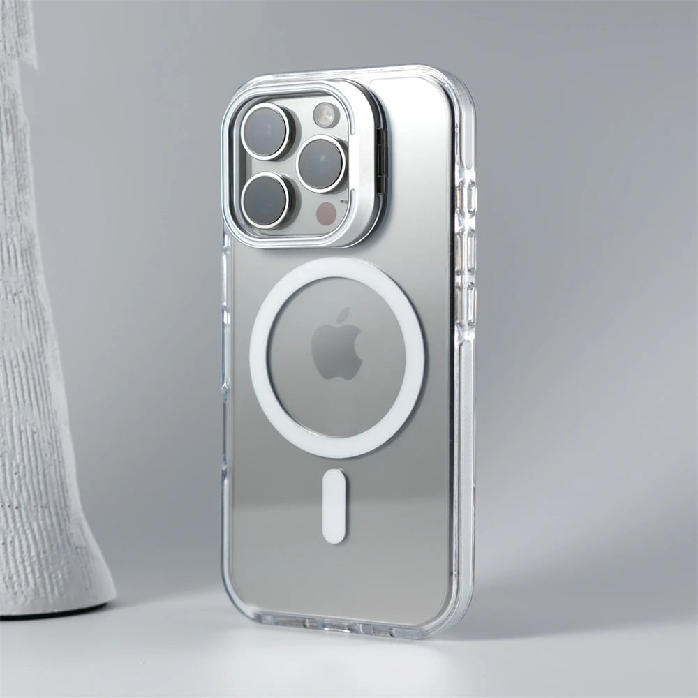 Luxury Lens Holder Shockproof Magnetic Case For iPhone 16 15 14 Plus 13 12 17 Pro Max 17Air 16e Magsafe Fashion Clear Cover