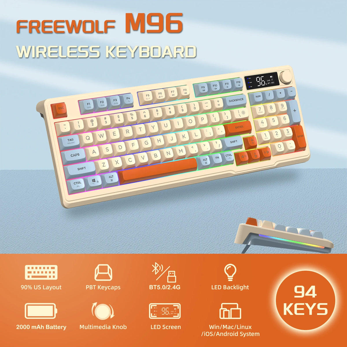 ZIYOU LANG M96 Wireless Gaming Keyboard with Display Screen & Knob, Bluetooth/2.4GHz Quiet Membrane Keyboard, 3000mAh Rechargeable