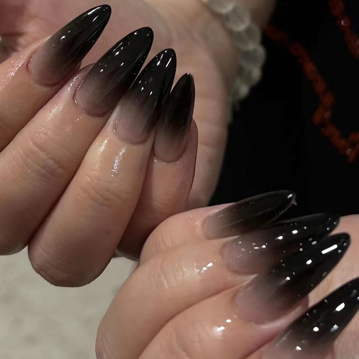24Pcs Black Y2K Fake Nails with Diamond – Long Almond Butterfly Design Halloween Press-on Nails