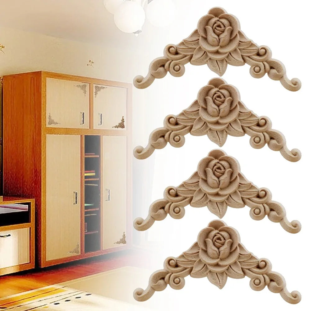 4pcs Natural Floral Wooden Figurines Crafts Wood Carved Corner Appliques Frame Wall Door Furniture Woodcarving Decorative