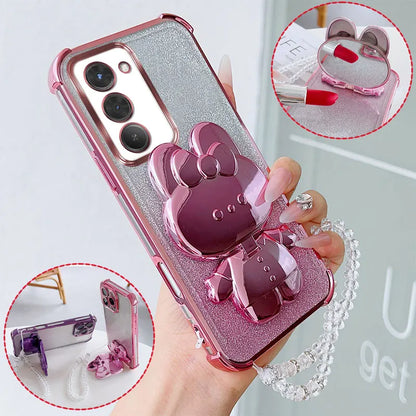 Luxury Shockproof Phone Case with Rabbit Makeup Swivel Stand Crystal Lanyard For Xiaomi Redmi 15 4G 5G 169mm 171mm Back Cover