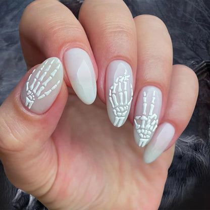 Black Gradient French Almond Fake Nails – Halloween Ghost & Pumpkin Press On Nails with Glue
