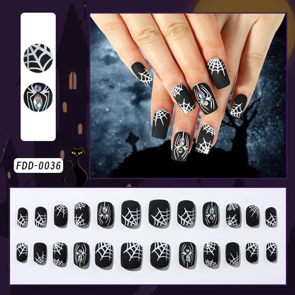 24Pcs Black Glossy Halloween Almond Fake Nails – Gradient French Press-on Nails with Rose, Heart & Skull Designs