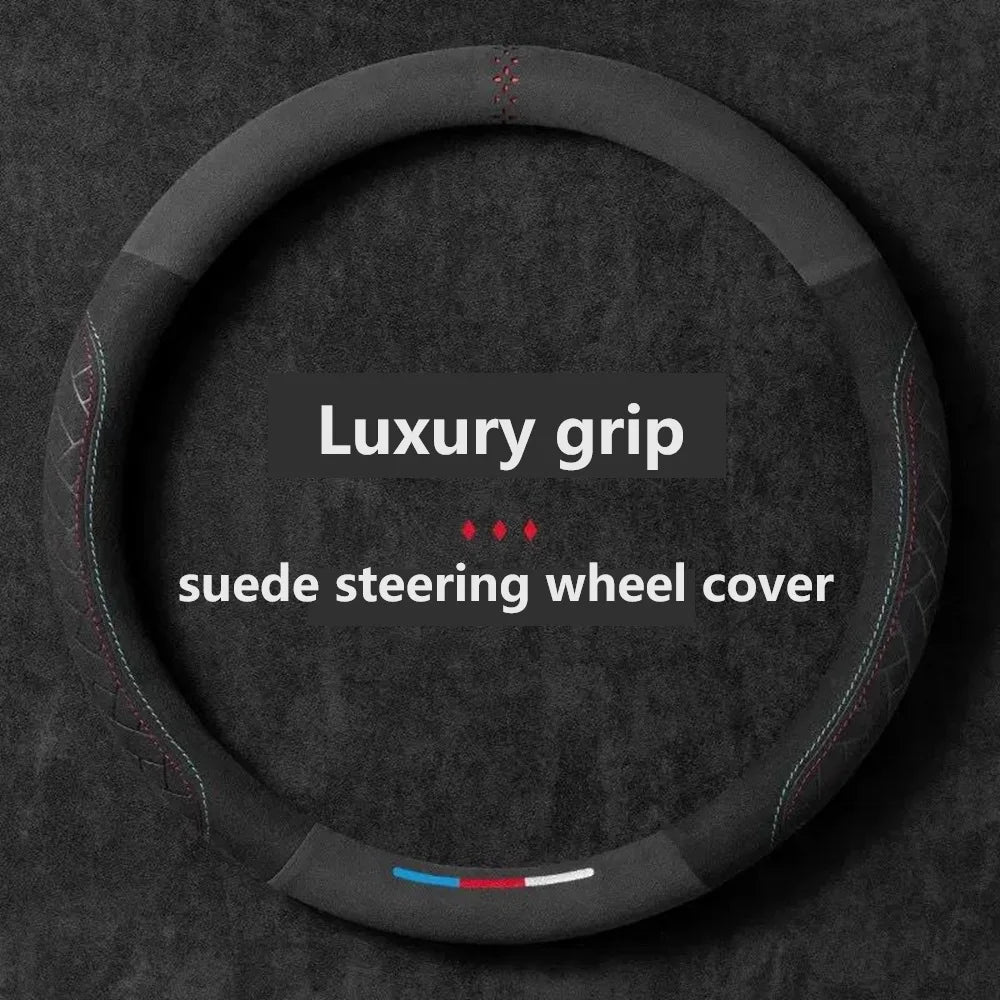 Car steering wheel cover embossed anti slip plush suede, sweat absorbing ultra-thin all season universal handle cover