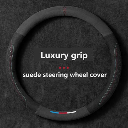 Car steering wheel cover embossed anti slip plush suede, sweat absorbing ultra-thin all season universal handle cover