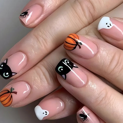 24Pcs Halloween Spider Print False Nails – Gothic Short Round Press-on Nail Tips for Women