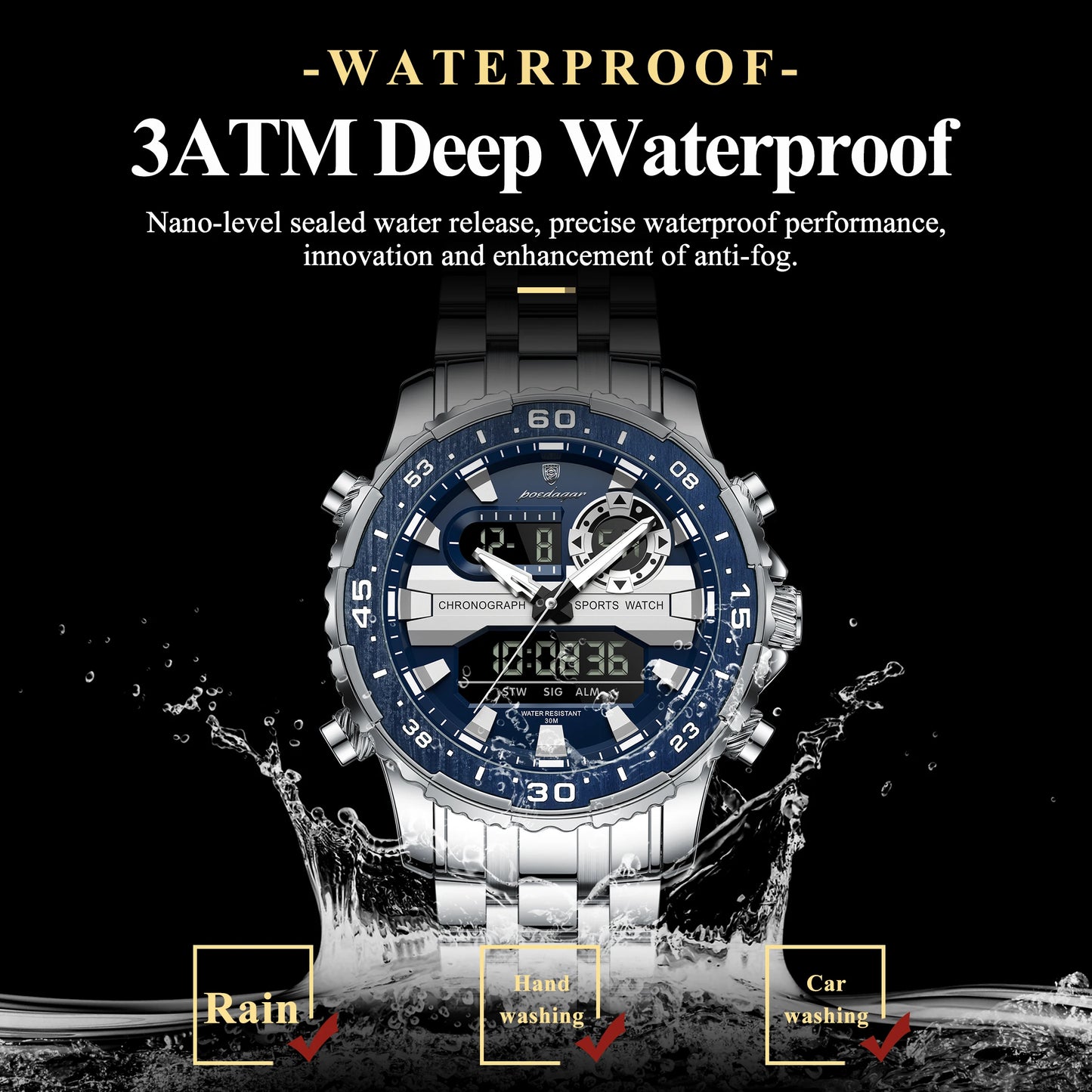 POEDAGAR Top Military Quartz Man Clock Week Date LED Luminous Digital Men Watch Dual Time Electronic Fashion Men's Watches Reloj