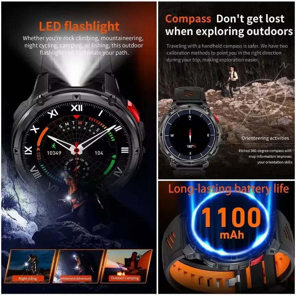 Men 1100mAh Ultra Durable Battery Smart Watch GPS Compass IP69K Waterproof BT Call 100+ Sport Mode Flashlight Sports Smartwatch - Urbizia