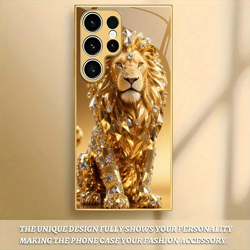 Luxury color diamond gold lion pattern glass phone case suitable for Samsung  Galaxy S26/S25/S25 Plus/S25 Ultra/S24 Plus/S24