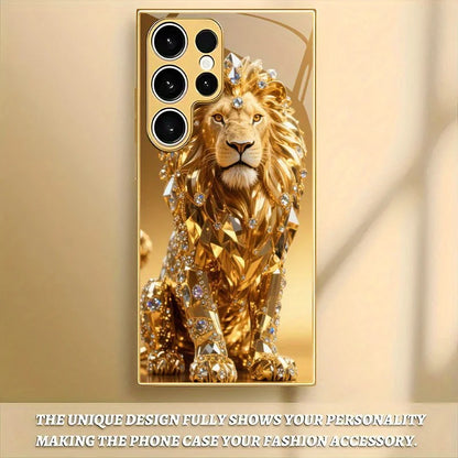 Luxury color diamond gold lion pattern glass phone case suitable for Samsung  Galaxy S26/S25/S25 Plus/S25 Ultra/S24 Plus/S24