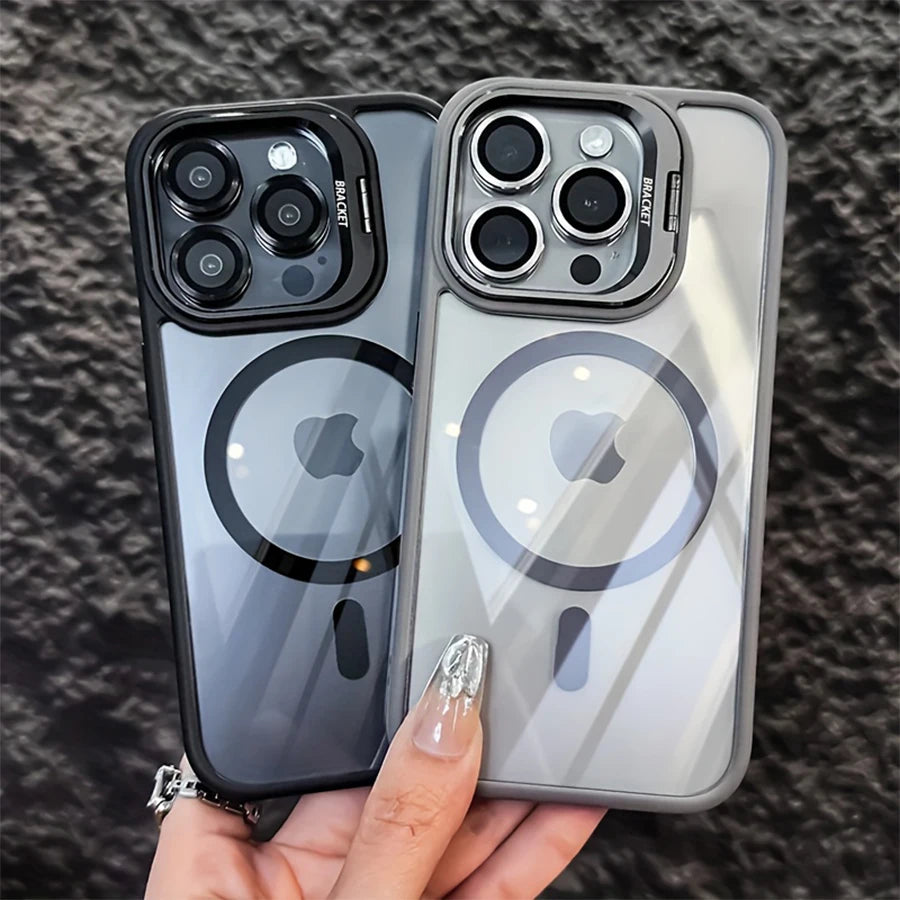 Phone Case - A Simple Magnetic Metal Frame Lens Protective Film/Stand Three-In-One Phone Case, Compatible with iPhone 18/17/16/15/14/13/12 Pro/Pro Max/Air/Plus，and For Samsung Galaxy S22/S23+/S24 FE/S25 Plus/S26 Ultra Sleek