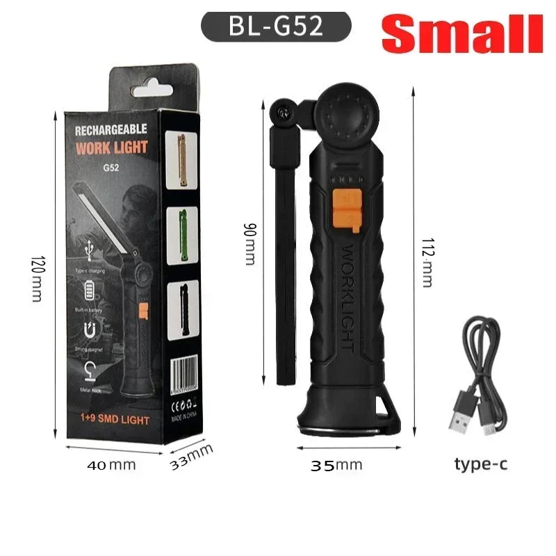Rechargeable LED COB Work Light USB Magnetic Inspection Torch with Hook Dimmable Flashlight for Car Repair Camping 18650