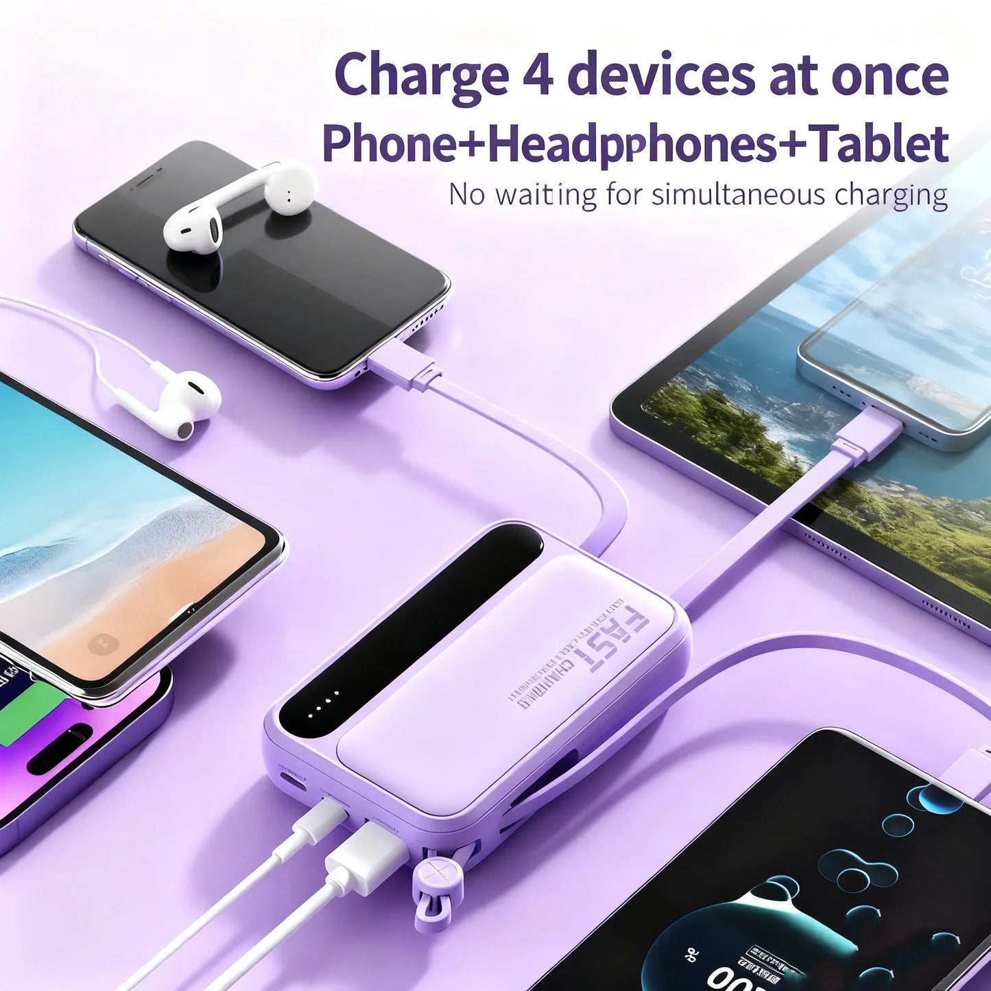 120W Fast Charging Power Bank with Built-in Cables