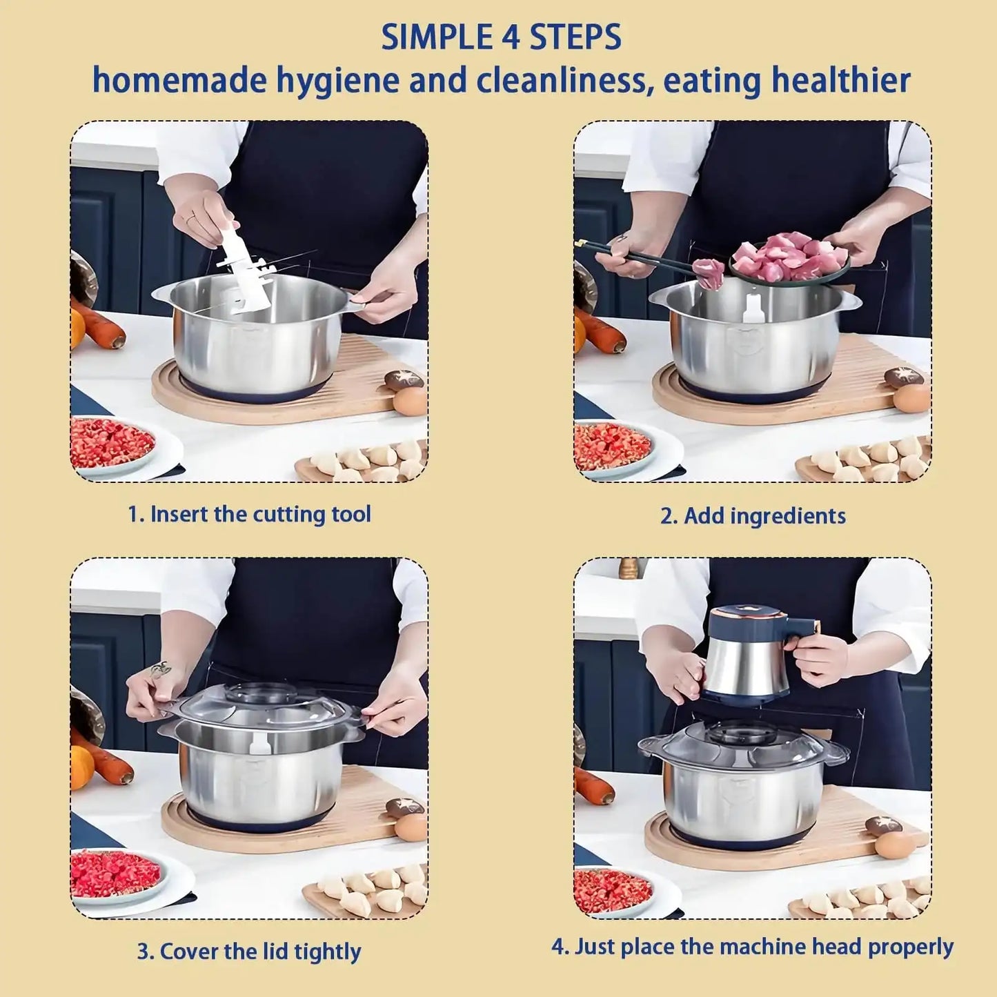 1pc 3L/0.8gal 300W 3-Speed High-Power Low-Noise B-PA-F-Ree 304 Stainless Steel Electric Meat Grinder Food Processor, Modern Kitchen Style Silver & Navy Blue Cylindrical Food Chopper With Ergonomic Handle, 4 Sharp Steel Blades