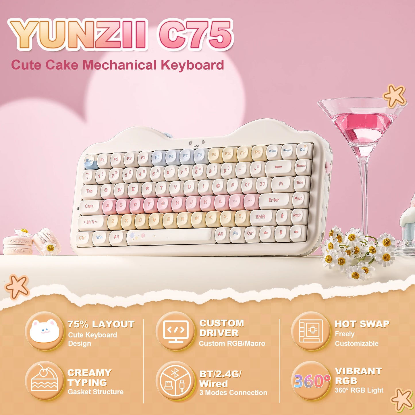 YUNZII C75 Wireless Mechanical Keyboard, 75% Creamy Hot Swap Custom RGB Keyboard, Gasket Cute Cake Design, for Win/Mac/Gaming