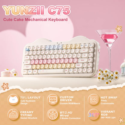 YUNZII C75 Wireless Mechanical Keyboard, 75% Creamy Hot Swap Custom RGB Keyboard, Gasket Cute Cake Design, for Win/Mac/Gaming