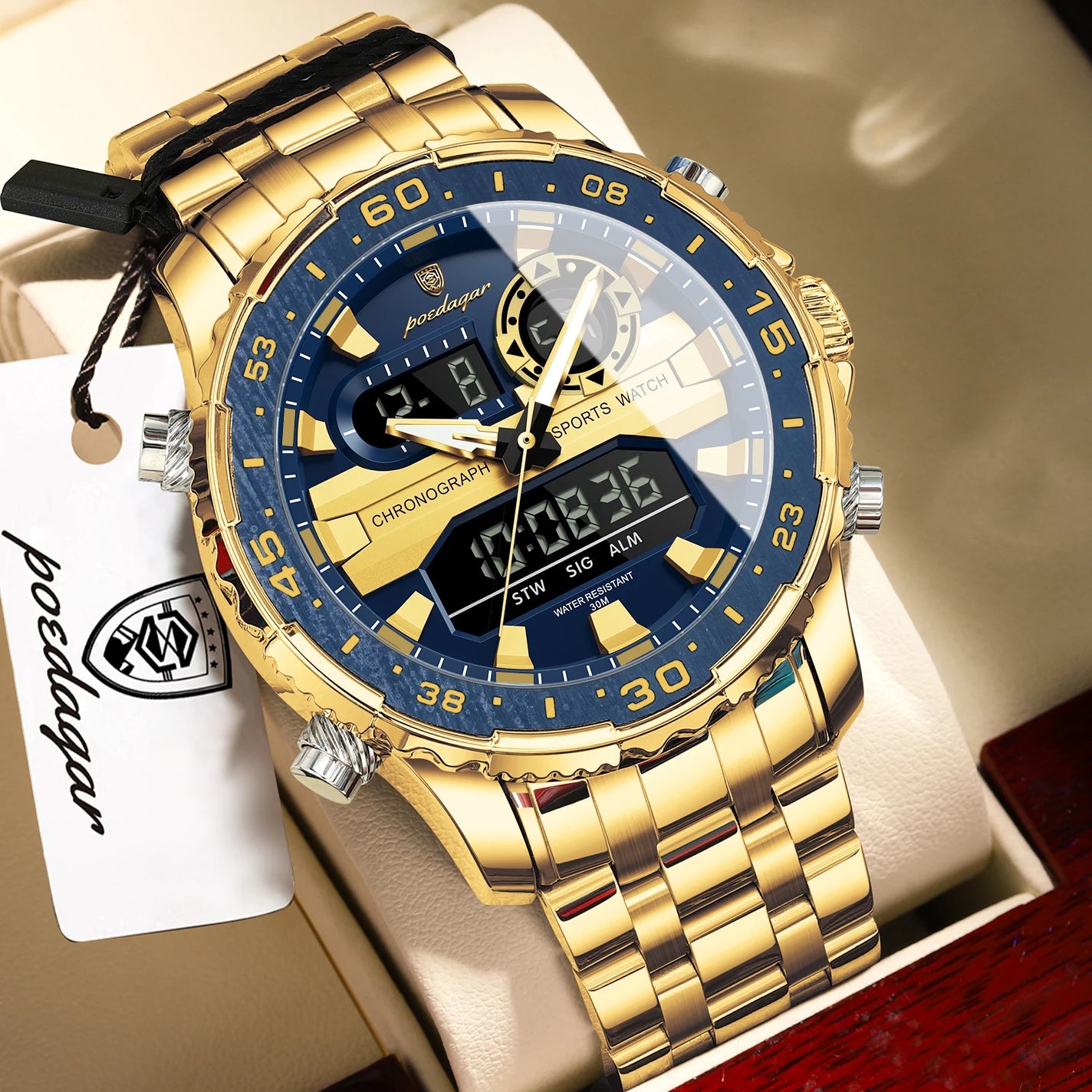 POEDAGAR Electronic Fashion Man Wristwatch Week Date LED Luminous Men Watch Dual Time Display Digital Men's Quartz Watches Reloj