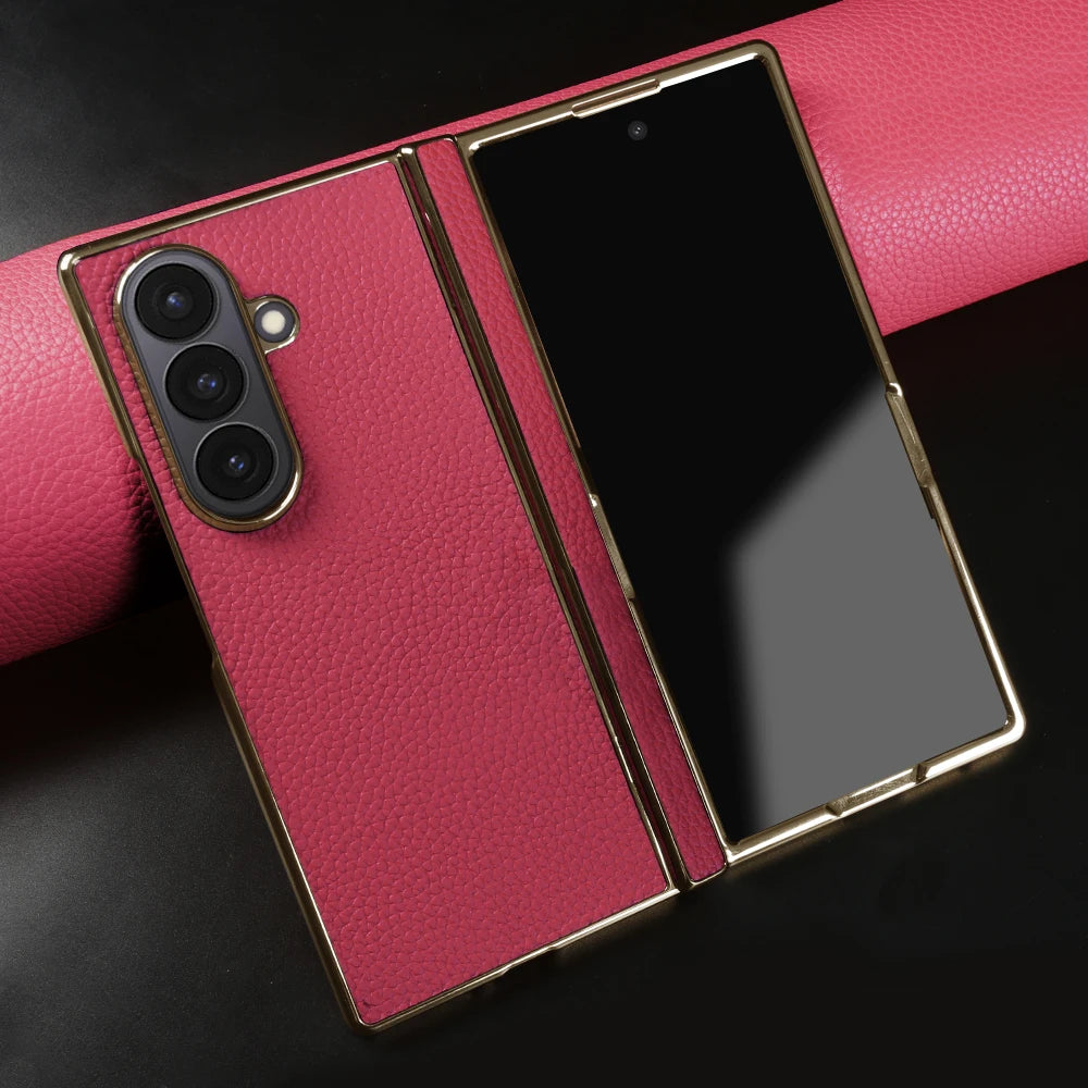 Lychee Genuine Leather Case For Samsung Galaxy Z Fold 7 6 5 4 3 phone Cover Fold7 Fold5 Fold6 fold4 fold3 Cases Funda Para Coque