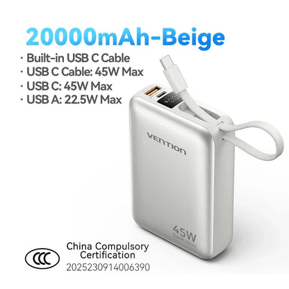 45W 20000mAh Fast Charging Power Bank with Built-in Cable