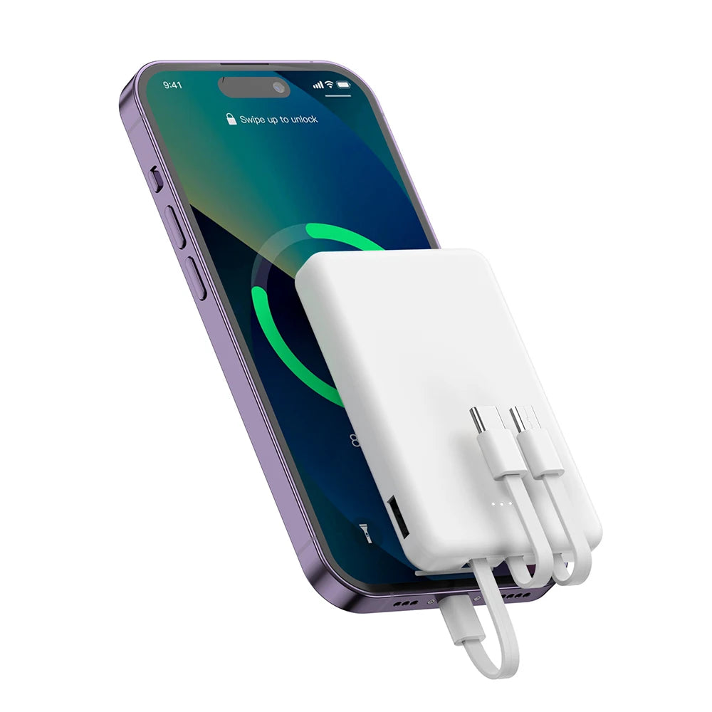 Mini 5000mAh Portable Power Bank With Built-in LED Digital Display, 1 USB-A Port and 3 Integrated Charging Cords, Ultra Compact External Battery Pack, Support Multiple Devices Simultaneous Charging Compatible With  Android Sm