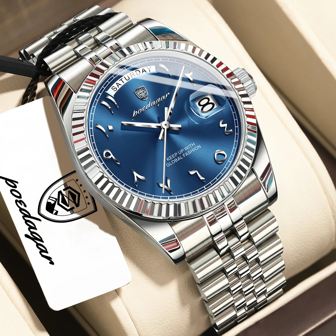 POEDAGAR Top Trendy Man Clock Stainless Steel Waterproof Business Men Watch Date Week Quartz Creative Men's Watches Reloj Hombre