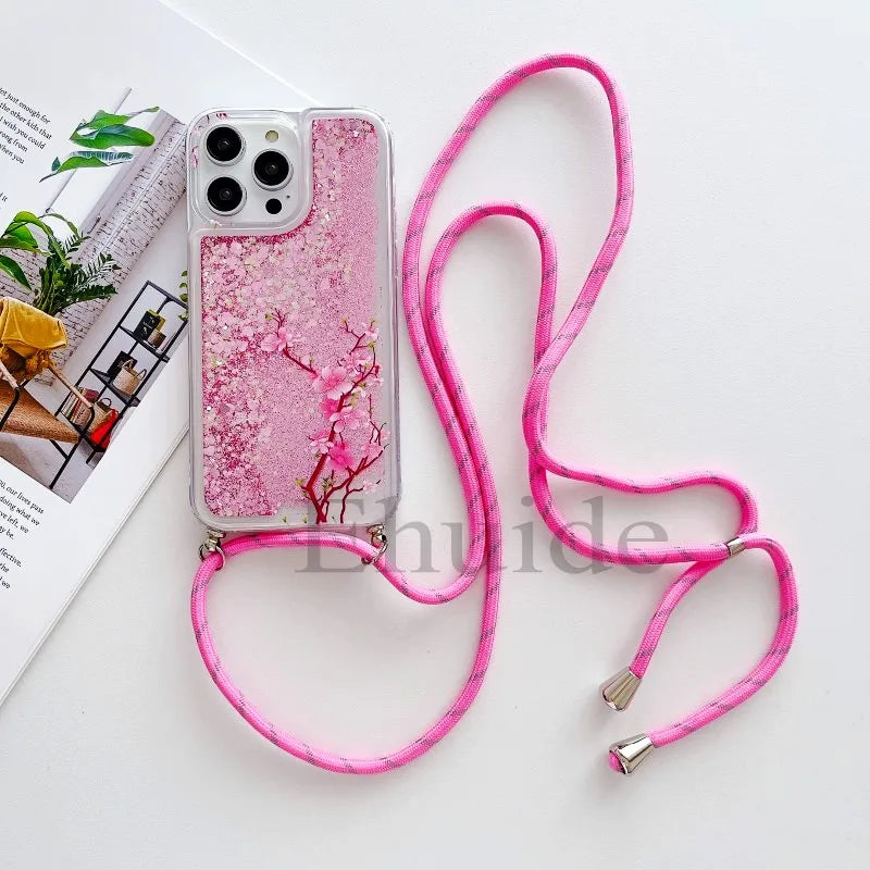 Quicksand Strap Case For Samsung Galaxy S26 Ultra S24 S23 S25 Plus S21 S22 S20 FE Liquid Glitter Flower Crossbody Lanyard Cover