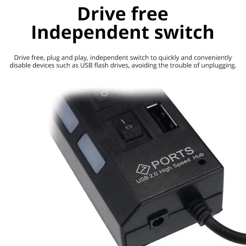 7-Port USB 2.0 Hub with Individual Switches & LED Light