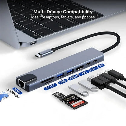8-in-1 USB-C Hub 4K HDMI Docking Station with RJ45 & Card Reader