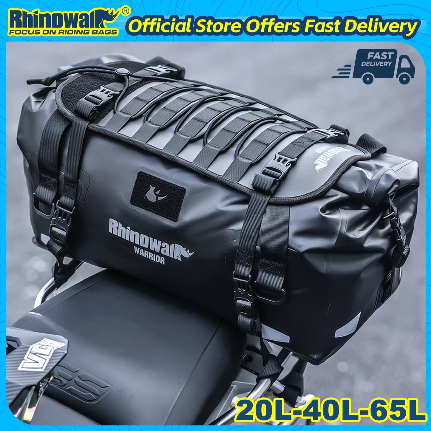 Rhinowalk Motorcycle Saddle Bag 20L/40L/65L Waterproof Motor Tail Seat Storage Backpack Luggage With MOLLE Expansion Panel