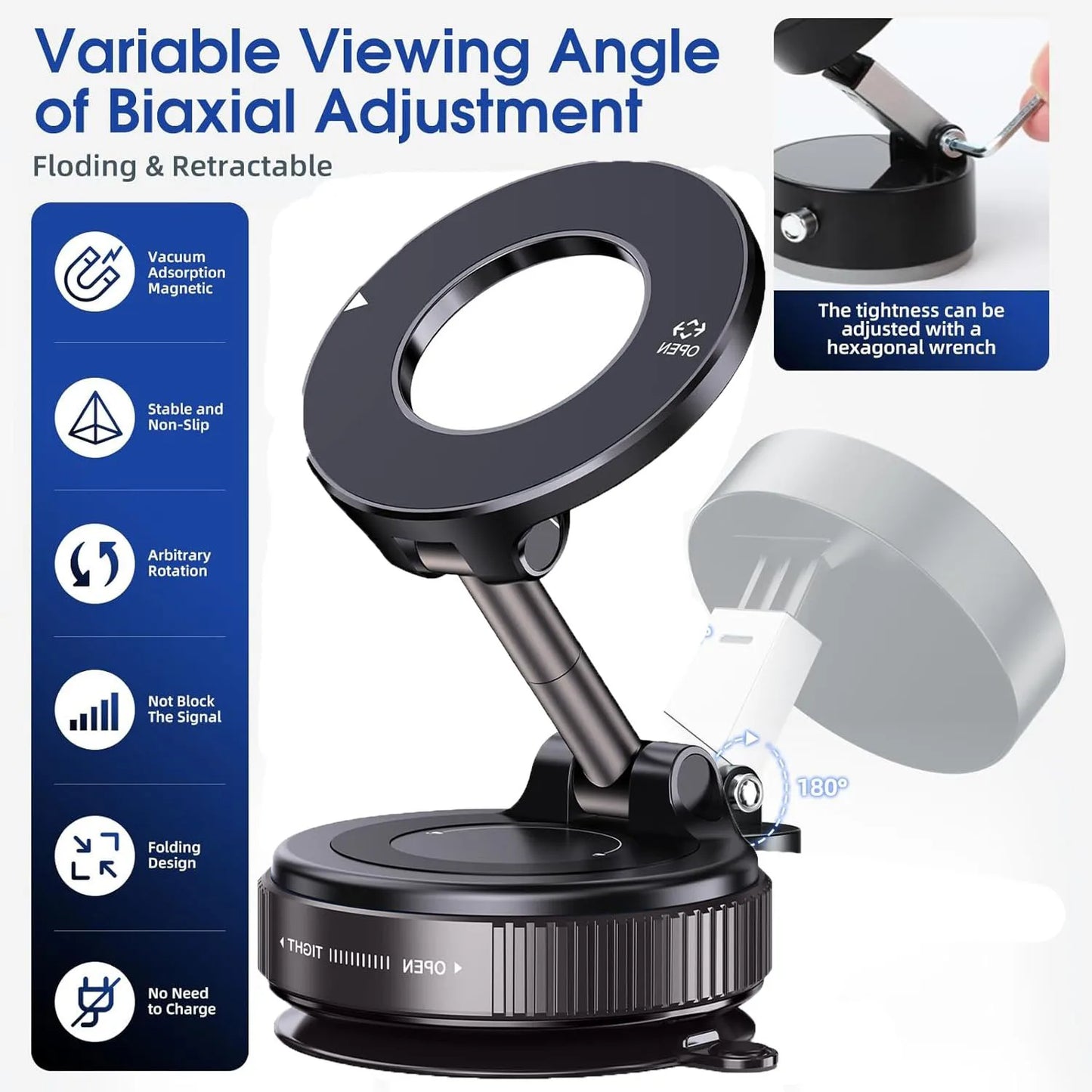 Foldable Magnetic Car Phone Mount – 360° Rotatable, Dashboard Suction Cup, with Extra Mount Pad & Adjustment Wrench, Versatile