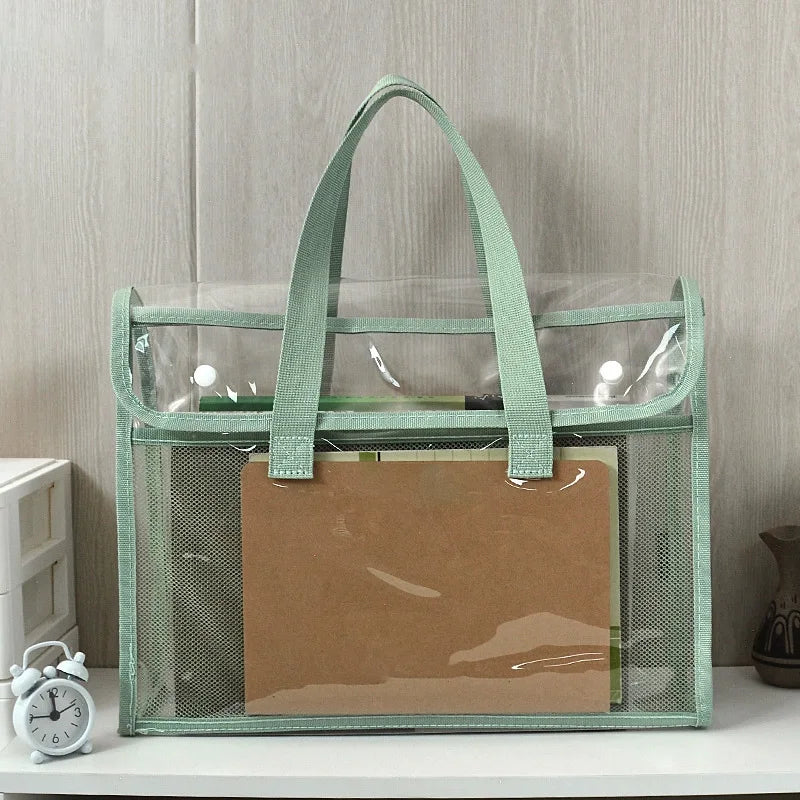 PVC Clear Green Organizer Tote: Multi-Pocket Storage Bag for School Supplies & Office Essentials