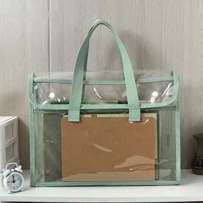 PVC Clear Green Organizer Tote: Multi-Pocket Storage Bag for School Supplies & Office Essentials