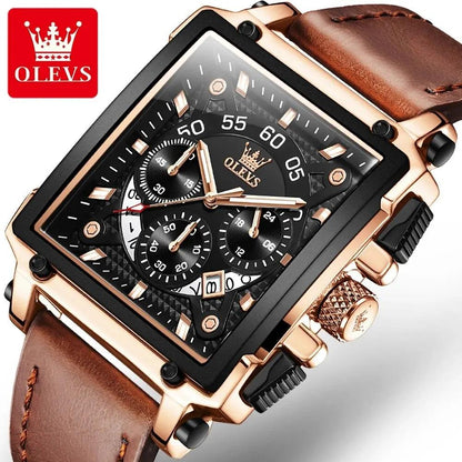 OLEVS 9919 Men Watch Fashion Square Dial Leather Strap Chronograph Waterproof Sports Clock Luxury Original Quartz Wristwatch Man