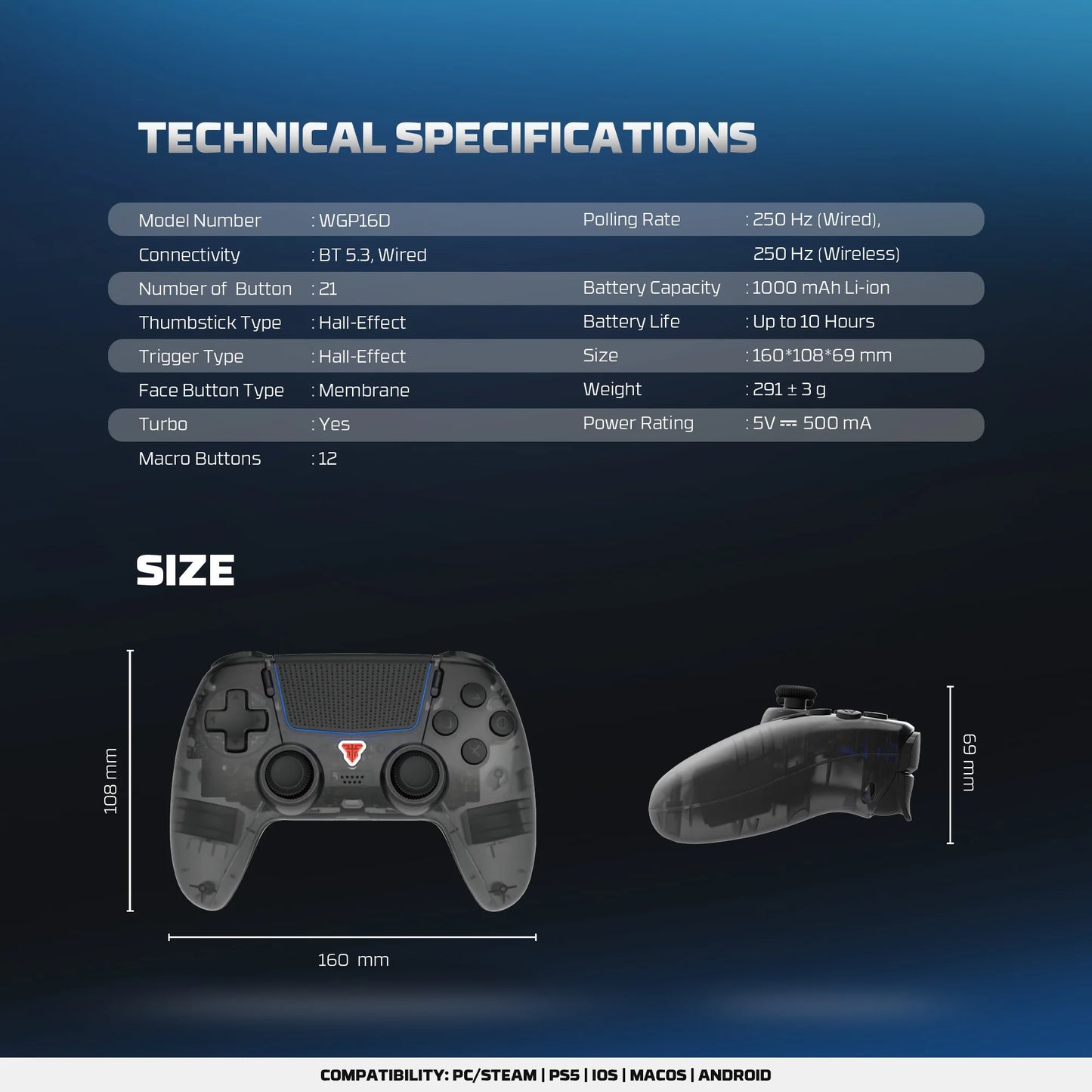 FANTECH NOVA IID WGP16D Wireless Game Controller for PS5 Hall Joystick and Trigger Built-in Gyro Sensor BT5.3 and Wired Gamepad