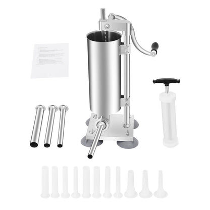 3L Vertical Manual Sausage Stuffer Machine Stainless Steel Sausage Maker with 4 Steel Tubes&7 PE Tubes Sausage Meat Filling Tool