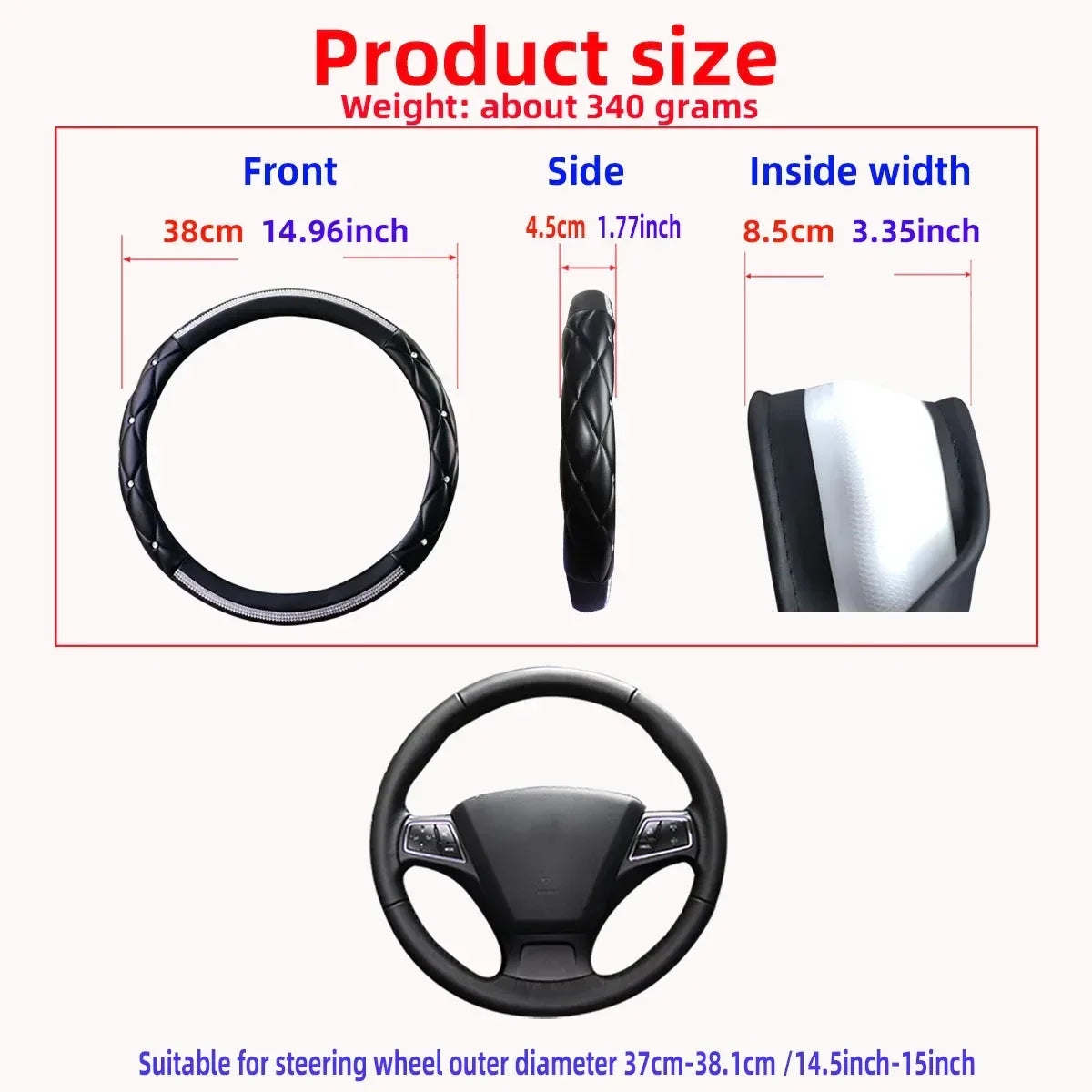 1 Stereo Leather Inset Faux Diamond Flash Blingbling Car with Inner Ring Steering Wheel Cover for 14.5-15 Inch Car Accessories - Urbizia