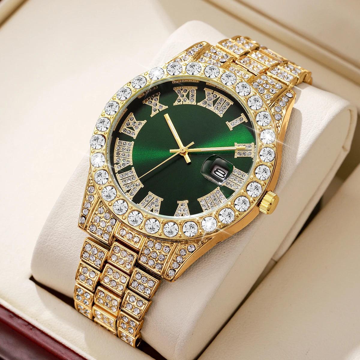 Luxury Full Diamond Men Calendar Quartz Watch Fashion Stainless Steel Band Male Quartz Wristwatches Date Clock Reloj Hombre