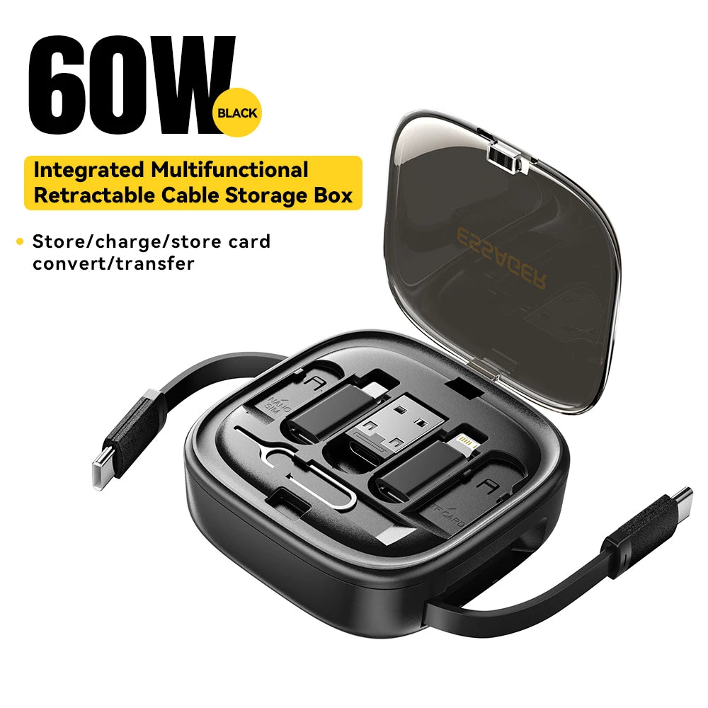 Essager 60W Fast Charge USB A/C To TypeC Micro Lightning Cable Mini Multifunctional Travel Storage Box With Phone Holder Pin Set