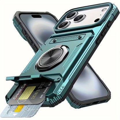 Rugged Armor Phone Case with Hidden Dual Card Slot & 360° Rotating Metal Ring Holder Kickstand, Shockproof Heavy-Duty Hard Shell with Raised Camera Protection, Compatible with iPhone 18/17 Pro Max/16/15/14/13/12/11/Plus/Aie