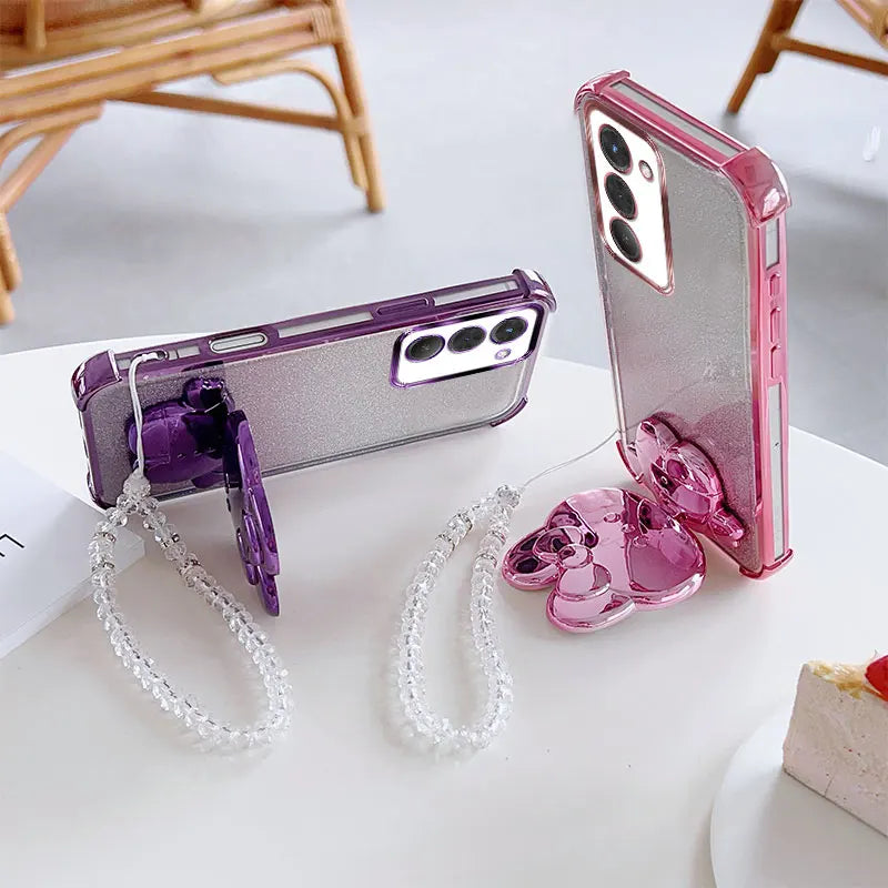 Luxury Shockproof Phone Case with Rabbit Makeup Swivel Stand Crystal Lanyard For Xiaomi Redmi 15 4G 5G 169mm 171mm Back Cover