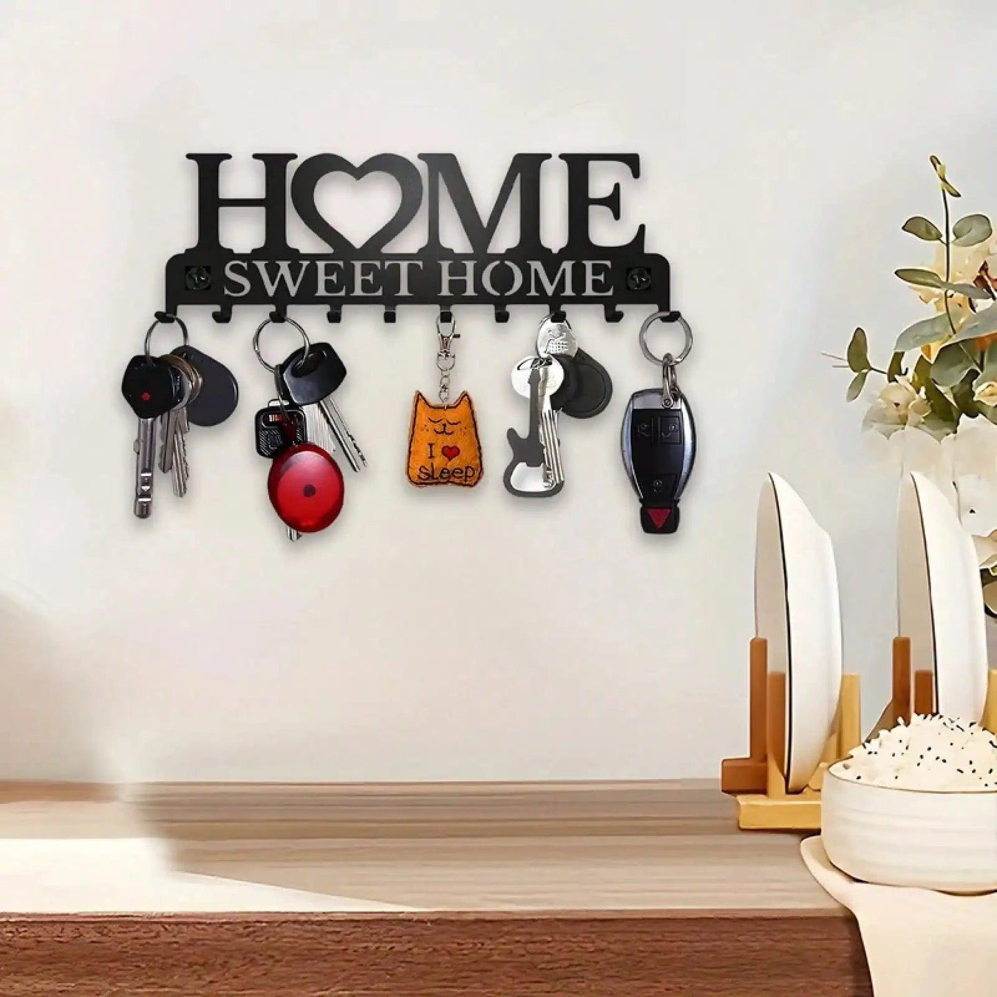 1Pc Black Metal Wall Mount Key Holder, Sweet Home Style Key Rack With 10 Hooks, Practical Key Hanger